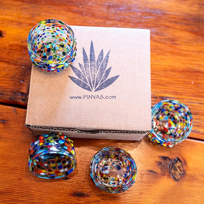 Mezcal Cups | Hand-Blown Glass, Artisan Crafted | Rainbow Confetti | Sipping Copitas perfect for Mezcal or Tequila | Set of 4