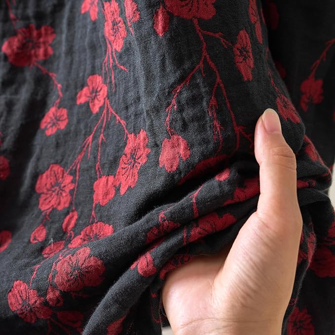 100% Cotton Gauze Ginkgo Leaf Kimono Robe, Long Knit Loose Bathrobe Nightgown Ladies Loungewear Sleepwear for Women
