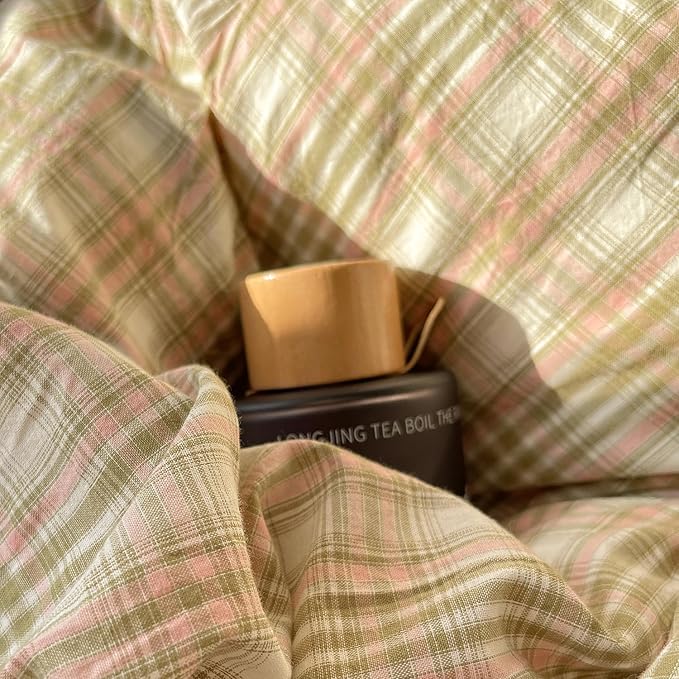 mixinni Twin Size Duvet Cover Set - 3 Piece Washed Cotton Vintage Geometric Plaid Bedding Set with Zipper Closure, Soft & Breathable Green Pink White Buffalo Check Pattern for All Seasons