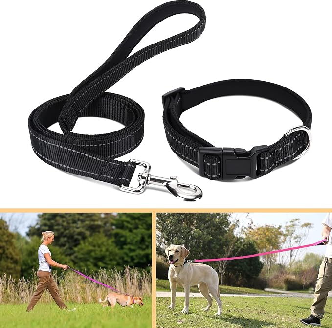 Soft Neoprene Padded Dog Collar and Leash Set for Small Medium Large Dogs, Reflective Durable Nylon Dog Collar with 5ft Leash Easy for Walking, Black,Neck fit 12.5-19.5’’