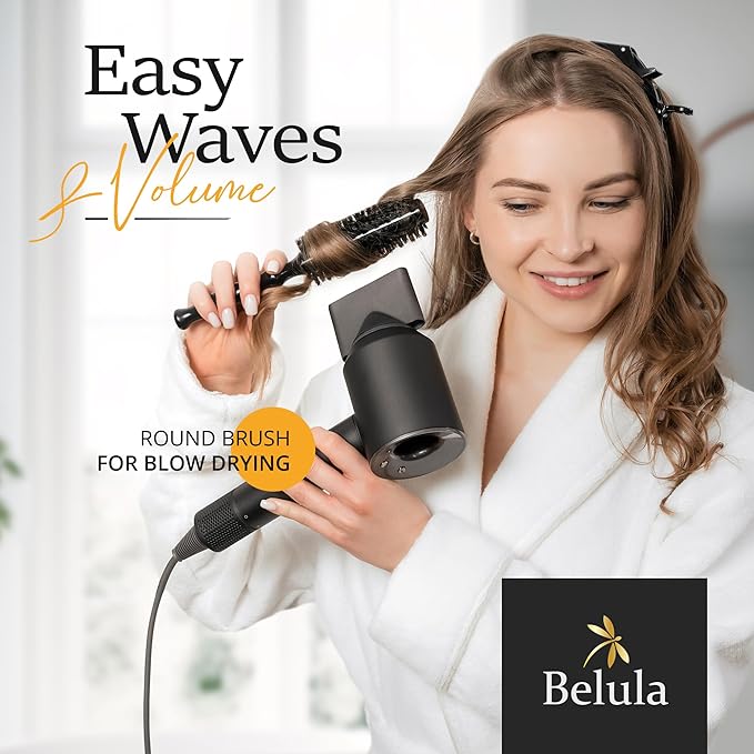 Belula 100% Soft Boar Bristle Round Brush for Blow Drying Set. Round Hair Brush With Large 2.4” Wooden Barrel. Hairbrush Ideal to Add Volume and Body. Free 3 x Hair Clips & Travel Bag