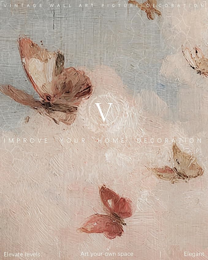 Vintage Whimsical Butterfly Wall Art Vintage Nursery Wall Art Cottagecore Girls Room Decor Cottage Butterfly Landscape Oil Art Print Country Field Style Retro Wall Decor for Gallery Living Room Bedroom (UNFRAMED 8x10in)