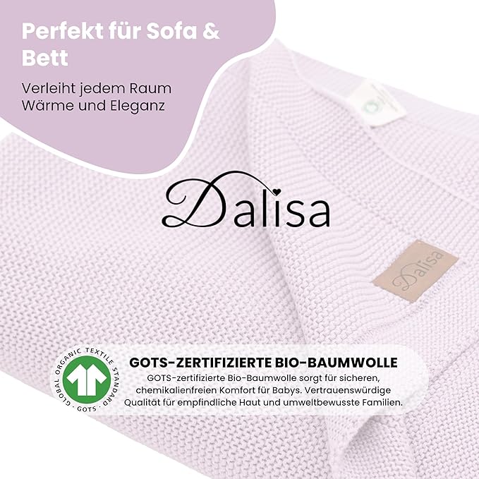 Dalisa 100% Organic Turkish Cotton Throw Blanket - GOTS Certified, Cozy - Perfect for Couch, Bed, and Home Decor - Boho Vintage Knit Alina (Lavender Frost, 60x80)