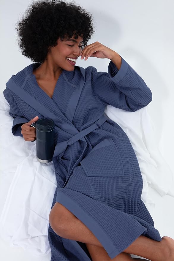 SEYANTE Women's Organic Cotton Waffle Kimono, Hooded Robe – GOTS Certified Lightweight Full-Length Spa Bathrobe with Piping