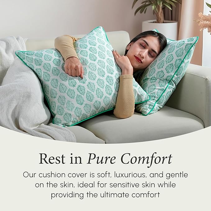 CPC 100% Cotton Throw Pillow Covers 24x24 Inch, Set of 2 Green Block Print Pattern Couch Pillow, Cute Boho Decorative Pillows for Living Room, Bedroom with Hidden Zipper- Sea Green