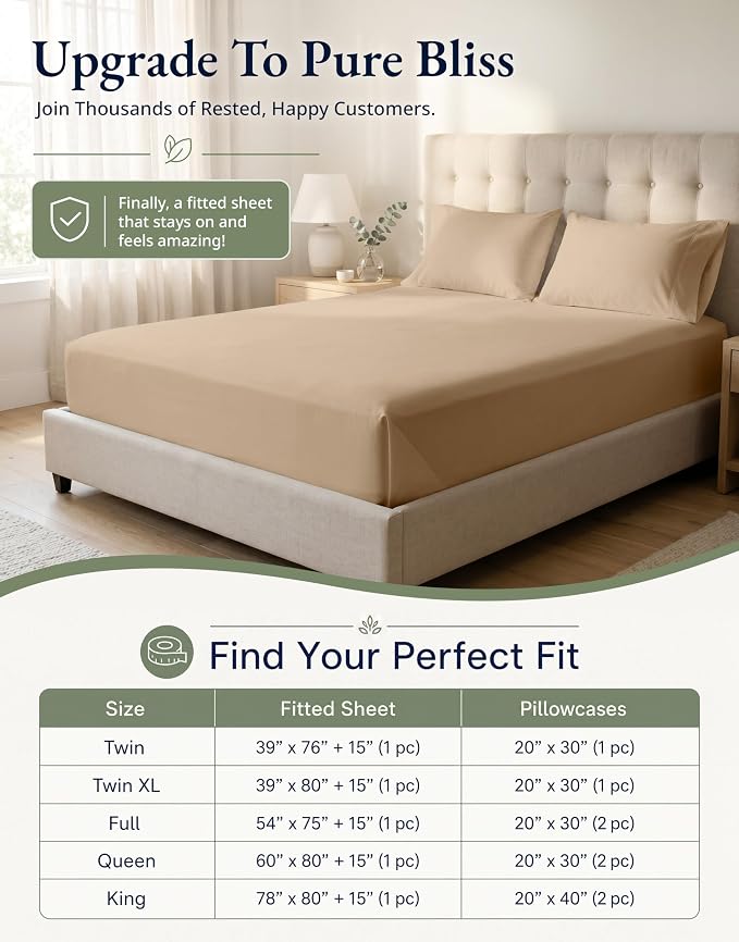 LANE LINEN 100% Organic Cotton Fitted Sheet Queen (+Pillowcases), Soft & Comfy Breathable Naturally Cooling Low Pill Oeko Tex Certified Queen Deep Pocket 15" - Taupe