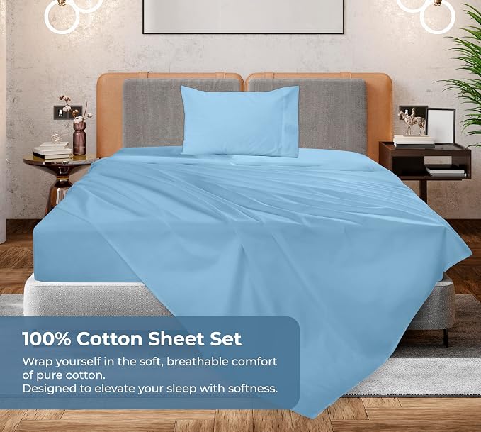 Royale Linens 100% Organic Cotton Twin XL Sheet Set - Percale Weave - 3 Pieces Set - 1 Flat, 1 Deep Pocket Fitted Sheet and 1 Pillowcases -Lake Blue Bed Sheets -Sábanas Twin XL -Crisp Cool (Lake Blue)