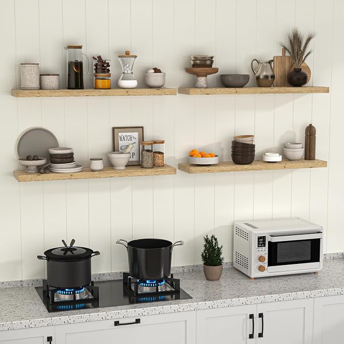 Fun Memories 40 Inch Reclaimed Wood Floating Shelves for Wall, 8 Inch Deep Rustic Farmhouse Floating Shelf with Invisible Bracket for Living Room, Bathroom & Kitchen, Natural