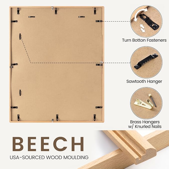 24x30 Poster Frame, USA-Sourced Beech Wood Picture Frame with HD Tempered Glass, Handcrafted Rounded Corner 24 x 30 Wooden Frames Matted to 18x24 Photos, Horizontal or Vertical Wall Display