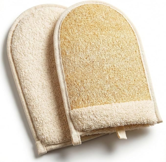 Egyptian Loofah Sponge, Large Double-Sided Exfoliating Mitt | Natural Wearable Shower Gloves With Soft And Firm Textures For Deep Body Scrubbing (3 Count)