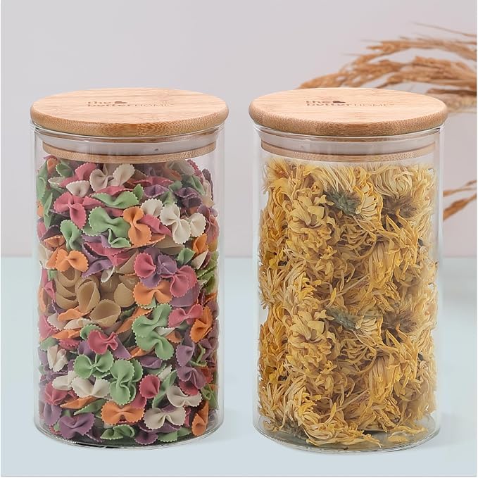 The Better Home Pack of 2 1000ml Borosilicate Glass Jars containers with Bamboo Lid I Transparent Airtight Borosilicate Kitchen jars Containers Set | Glass Jars for Cookies Snacks Tea Coffee Sugar
