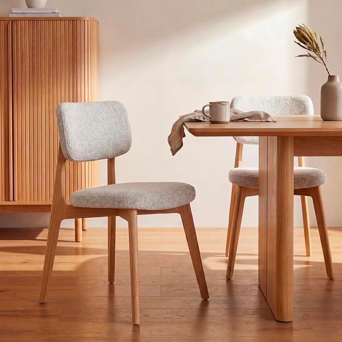 COLAMY Dining Chairs Set of 4,Modern Upholstered Kitchen Room Chairs with Solid Natural Oak Wood Legs, 5-Min Easy Assembly Anti-Wobble, High-Weight Fabric Farmhouse Side Chair, 300lbs,Oak,Beige