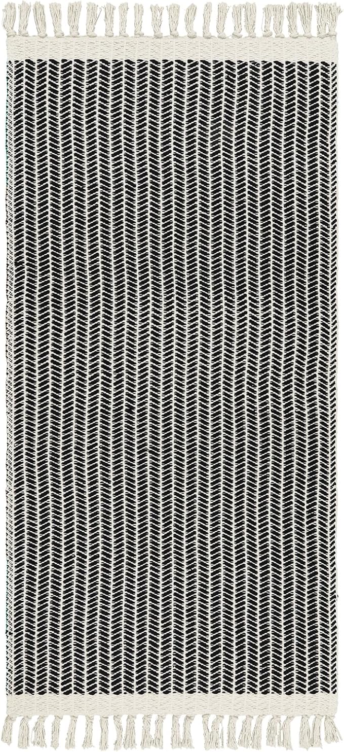 Lahome Belle Boho Kitchen Runner, 2x4.3 Bathroom Runner Rugs Lightweight Entryway Rug Woven Cotton Throw Mat with Tassels, Farmhouse Non Shedding Washable Black Low Pile Runners for Bedroom Doorway