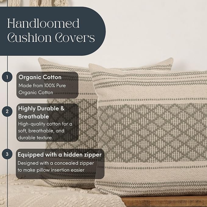 Trade Star Set of 2 Handloomed Pillow Covers Decorative Pillow Cases Throw Cushion Covers Cotton Premium Quality Pillow Shams Farmhouse Decor 18x18 Inches