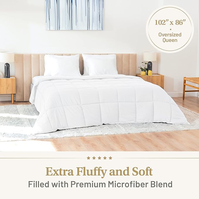 Lavish Comforts® Down Alternative Oversized Queen Comforter - Extra Fluffy Duvet Insert, Hotel Queen, Puffy Thick All Season Premium Cooling Comforter - White 102x86