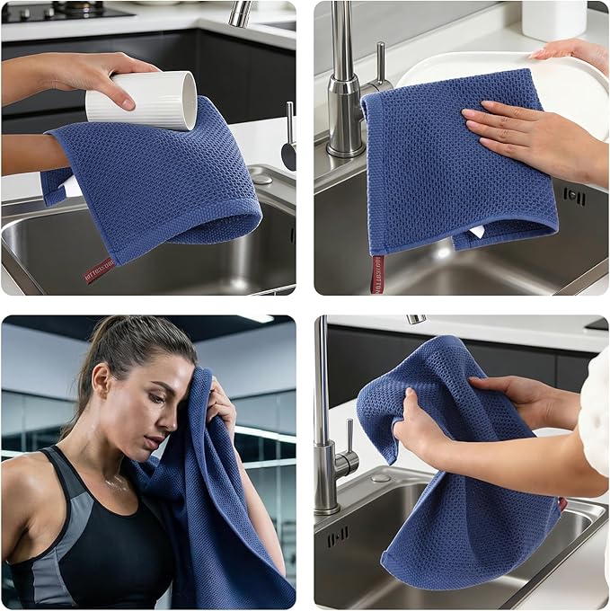 REDKISS 100% Cotton Waffle Weave Bath Towels 4 Pack - 27.5x55 Inches| Lightweight, Quick Dry & Highly Absorbent,Perfect for Spa, Gym, Travel, Guest Bathroom-Blue