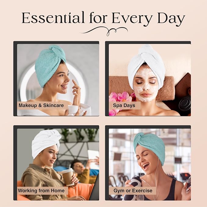 Lili&James 100% Cotton Hair Towel Wrap for Women & Kids β 420 GSM Quick Dry Hair Turban with Double Button Loop, Anti Frizz Non Microfiber Hair Drying Towel for Curly, Long & Thick Hair (White+Aqua)