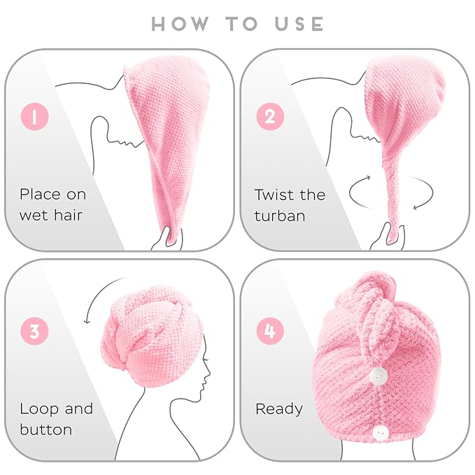 SimpleField 2 Pack Microfiber Hair Towel Wrap for Women, Anti Frizz Quick Drying Hair Turban for All Hair Style, Absorbent and Lightweight (Pink)