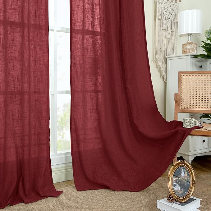 LAMIT Sheer Linen Curtains 63 Inch for Bedroom, Light Filtering Christmas Decor Semi Sheer Farmhouse Drapes Back Tab and Rod Pocket Living Room Panels, Burgundy Red, 2 Panels, 52 x 63 Inch