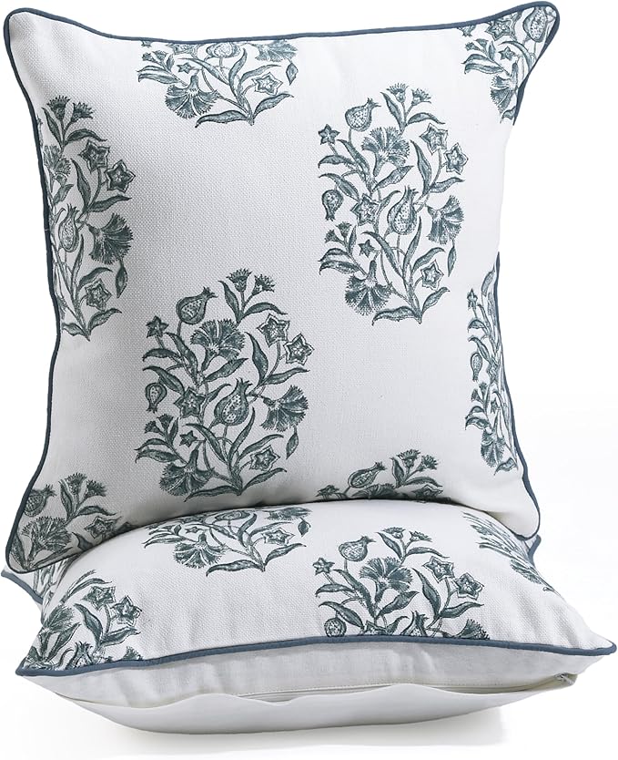 CPC Indigo Blue Block Print Throw Cushion Cover 18 x 18 Inch Set 2 - Decorative Boho Floral Pillow Case for Living Room, Bed, Sofa, Couch, Home Decor Cushion Cover Gift for Spring, Mother's Day