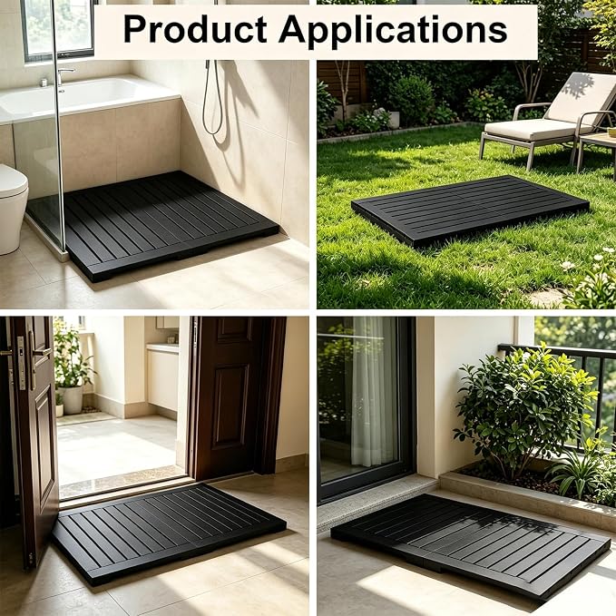 Bamboo Bath Mat for Bathroom Waterproof Foldable Shower Mat Non-Slip Quick Dry Bath Rug Heavy Duty Floor Mat for Shower Tub,Black,L23.5''×W15.6''×H2''