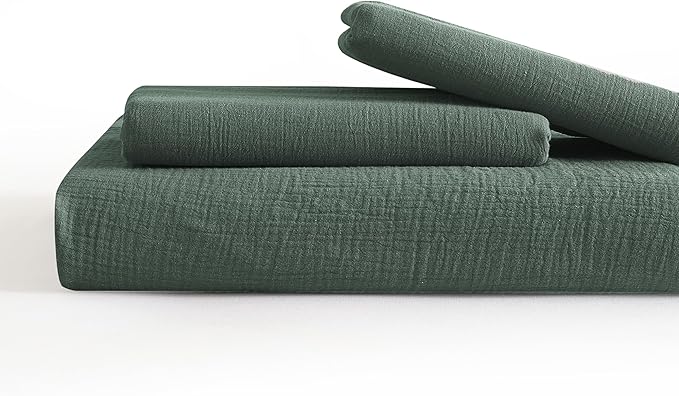 SE SOFTEXLY Muslin Duvet Cover Queen Size, 100% Washed Cotton Duvet Cover Set, Ultra Soft Comforter Cover Linen Like, 3 Pieces Minimalist Gauze Duvet Cover with 2 Pillowcases, 90"x90", Forest Green