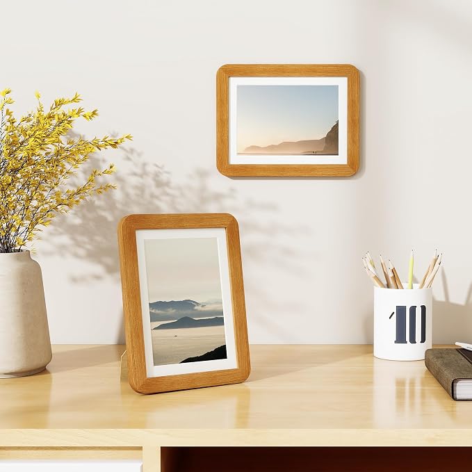 Fun Memories 6x8 Picture Frame - Solid Teak Wood Frame for Wall & Tabletop Display, 6x8 Frame Matted to 5x7, 6 By 8 Horizontal or Vertical with Tempered Glass & Wall Kit, Natural Teak