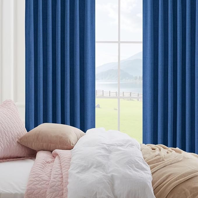 CUCRAF Linen 100% Blackout Curtains 84 Inch Length 2 Panels Set, Back Tab and Rod Pocket Curtain for Living Room Bedroom, Room Darkening Window Drapes Thermal Insulated, (37x84 inch, Navy Blue)
