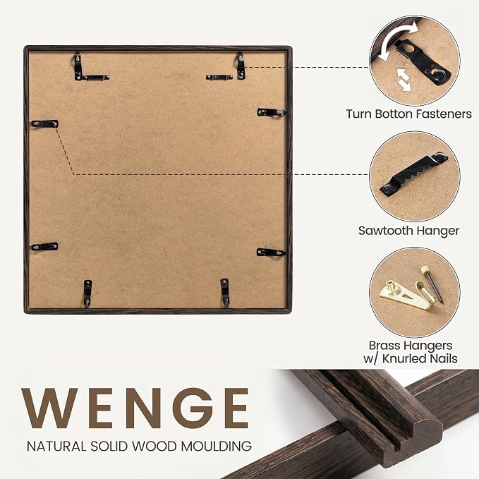 Fun Memories 16x16 Picture Frame, Natural Wenge Wood Photo Frame with HD Tempered Glass, Handcrafted Rounded Corner 16 x 16 Wooden Frame Matted to 12x12 Photos, 16x16 frame, Tabletop or Wall Display