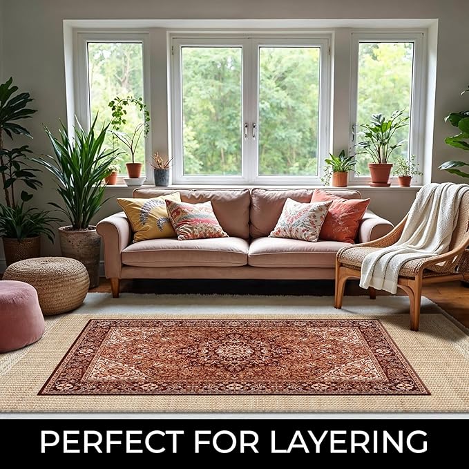 8x10 feet Natural Jute & Wool Area Rug,β Handwoven Mini Check Natural Fiber Rug with 4" Border, Neutral Boho Farmhouse Rug for Living Room,Dining Room,Bedroom | 0.6" Pile (8' x 10')