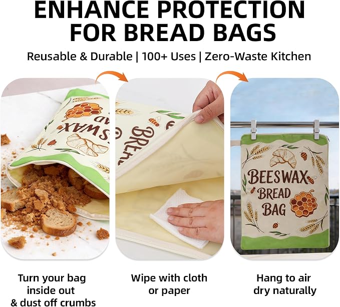 L-Shaped Zipper Beeswax Sourdough Reusable Bread Bags for Homemade, 17×13" | 2 Pack, XL, Organic Linen Cotton Loaves Storage Cloth Bags, Keep Fresh Longer & Freezer Safe
