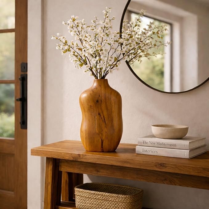 Wooden Decorative Vase, Teak Wood Vase for Home Decor, Farmhouse Boho Table Centerpiece for Living Room Dining Table (No Plants Included)