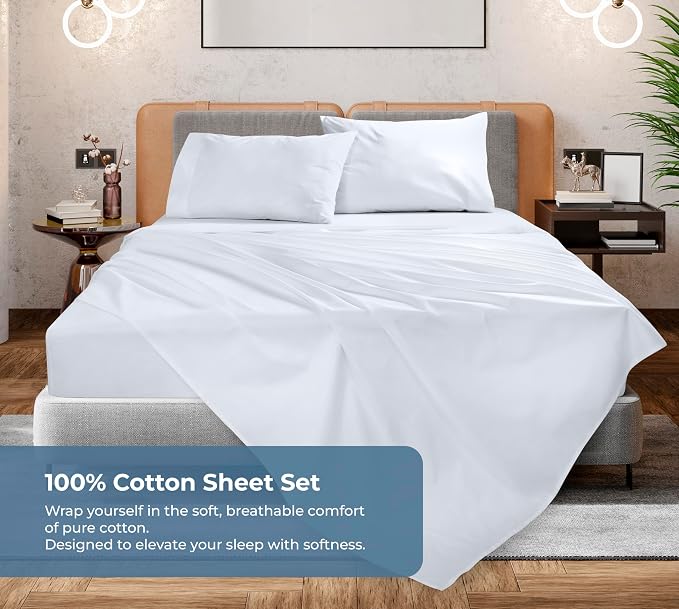 ROYALE LINENS 100% Organic Cotton Full Sheet Set - Percale Weave - 4 Pieces Set - 1 Flat, 1 Deep Pocket Fitted Sheet and 2 Pillowcases - White Bed Sheets - Sábanas Full - Crisp Cool (White)