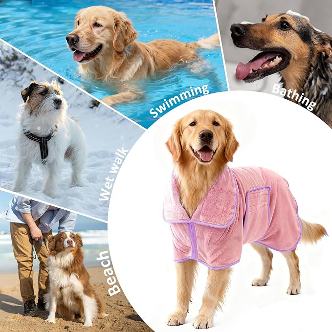 Soft Dog Bathrobe Fast Drying Dog Coat, Super Absorbent Dog Towels for After Bath, Microfiber Pet Robe Adjustable Collar & Belly Warm Keeping Dogs Coat for Pet Dogs & Cats (Pink, 3X-Large)