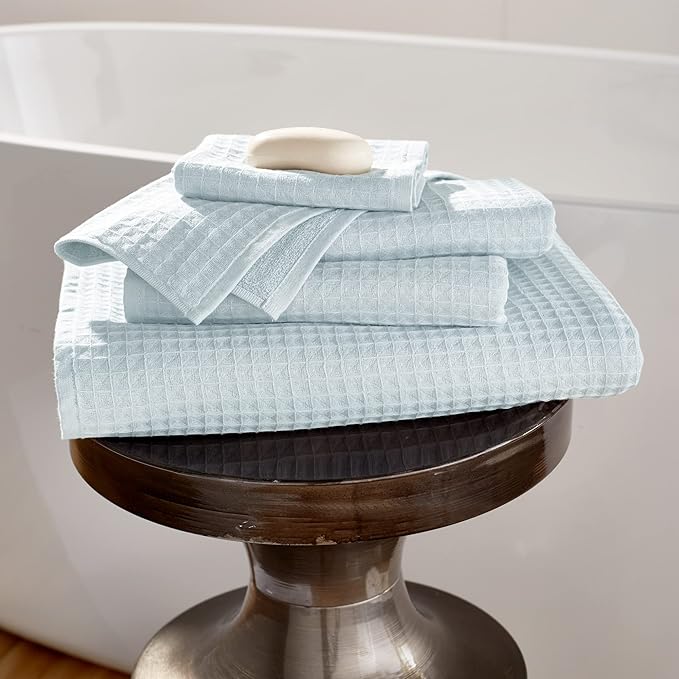 UCHINO Waffle Twist Cotton Weave Hand Towel for Bathroom Lightweight Absorbent Quick Dry Honeycomb Texture Solid Terry Loop Reverse 20" x 30", 1 Hand Towel, Ocean Blue
