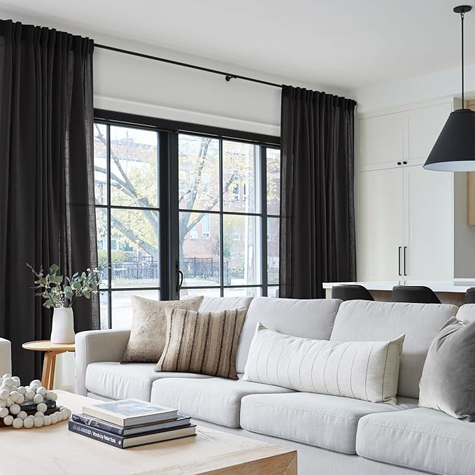 Black Linen Curtains 120 inches Long for Bedroom Back Tab Light Filtering Privacy Semi Sheer Black Curtains Living Room Boho Rustic Farmhouse Cotton Textured Gauze Curtain 2 Panel Set