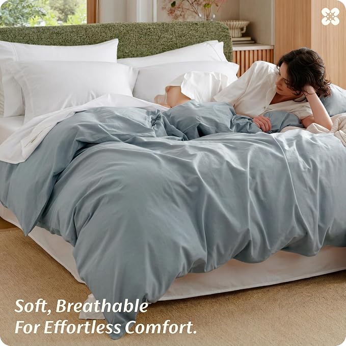 Bedsure Duvet Cover King Size - 100% Washed Cotton, Linen-Like Minimalist Bedding - PureWoven Plain Soft Comforter Cover for All Seasons, 1 Duvet Cover Only (Dusty Blue, 104" x 90")