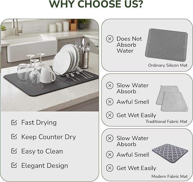 2-Panel Large Foldable Stone Drying Mat 24"x16" ā Diatomaceous Earth Stone Dish Drying Mat, Ultra-Absorbent Stone Drying Mat for Kitchen, Collapsible Quick-Dry Countertop Protector for your Dishes