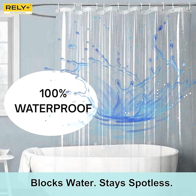 RELY+ Shower Curtain Liner with Magnets | 72X72 inches | Clear PEVA, 70 GSM Premium Thickness | Fits Standard Shower, Waterproof, Odour-Free, Rustproof Grommets