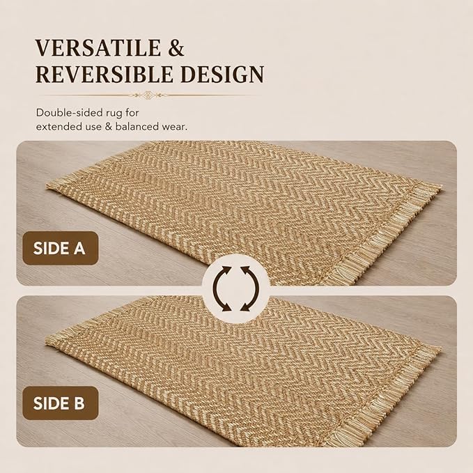 Chevron Weave with Fringes Woven Area Rug 2x3 Ft - Beige, Small Soft Decorative Reversible Front Door Mats Ideal for Entryway, Kitchen, Nursery, Office | Farmhouse Brown Accent Indoor Space Decor Mat
