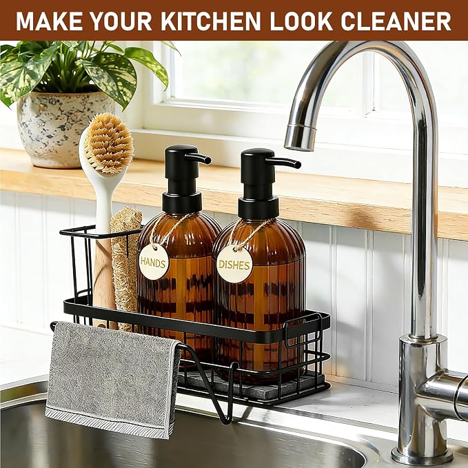 Kitchen Soap Dispenser Set, 14.4 oz/425 ml Hand and Dish Soap Dispenser Set, Dish Soap Dispenser with Sponge Holder & Diatomite Tray, for Countertop Organizer, Amber