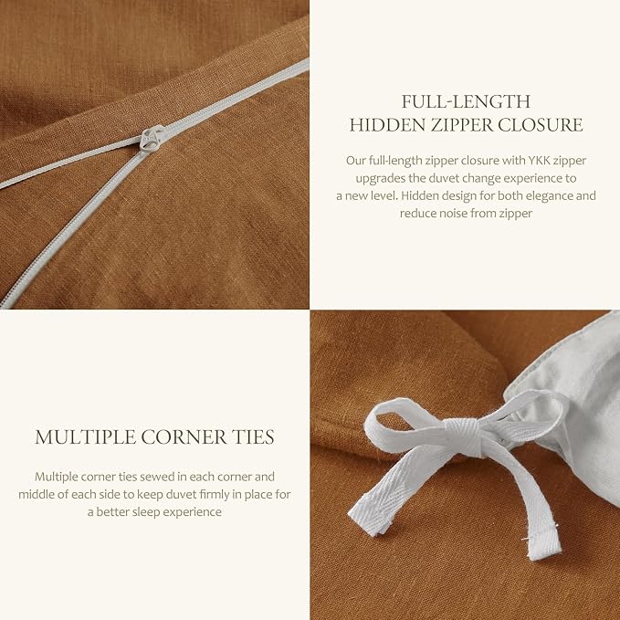 DAPU 100% Linen Duvet Cover Set - Pure Natural French Flax Linen with Corner Ties and Zipper Closure Soft Breathable Durable for Hot Sleepers 1 Duvet Cover 2 Pillowcases (Earthy Linen, King)