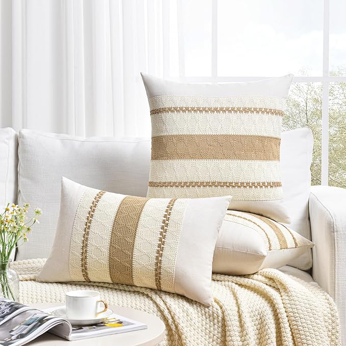 Fancy Homi Set of 2 Tan Neutral Long Lumbar Decorative Throw Pillow Cover 12x24 Inch for Couch Bed Sofa Chair, Modern Farmhouse Boho Home Decor, Soft Cotton Cute Accent Rectangle Taupe Cushion Case