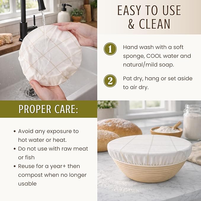 Nectar & Nest Reusable Bowl Covers for Bread Proofing - Beeswax Bowl Covers Reusable, 100% Organic Cotton, Elastic Cover for Sourdough, Dough Proofing and Food Storage, Compostable