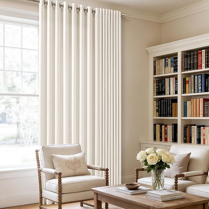 Natural Linen Curtains 96 Inches Long 2 Panels Bronze Grommet Curtain Burlap Ivory Cream Colored Light Filtering Semi Sheer Drapes Thick Linen Blend Floor to Ceiling Length Living Room 8ft