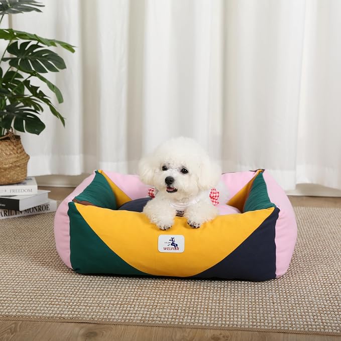 Cotton Canvas Dog Bed, Pink Dog Beds for Small Dogs, Puppy Bed with Washable Removable Cover, Durable 290 GSM Cotton Anti-Chewing Pet Bed with Anti-Slip Bottom (24"x20"x8", Pink&Yellow&Green)