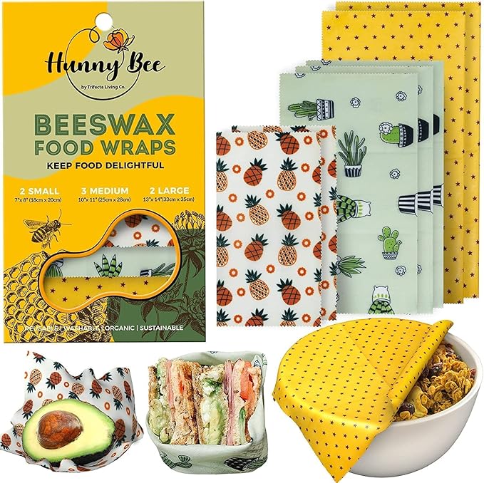 Trifecta Living Co. Versatile Beeswax Wraps,Set of 7-Fresh Food Keeper, Durable & Easily Cleaned, Sustainable Step Towards a Zero-Waste Kitchen, Unique Designs (Pineapple, Cactus, Star)