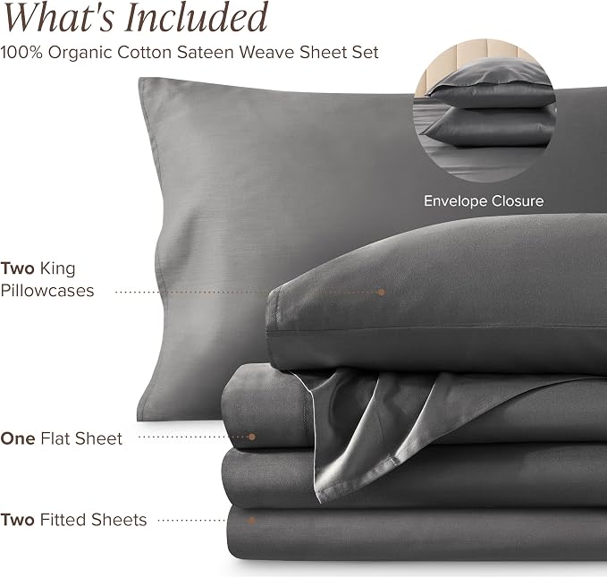 Bare Home 100% Organic Cotton Split King Sheet Set - 400 Thread Count - Smooth Sateen Weave - Breathable & Cooling - Hotel Luxury Set - Deep Pocket Bed Sheets (Split King, Grey)