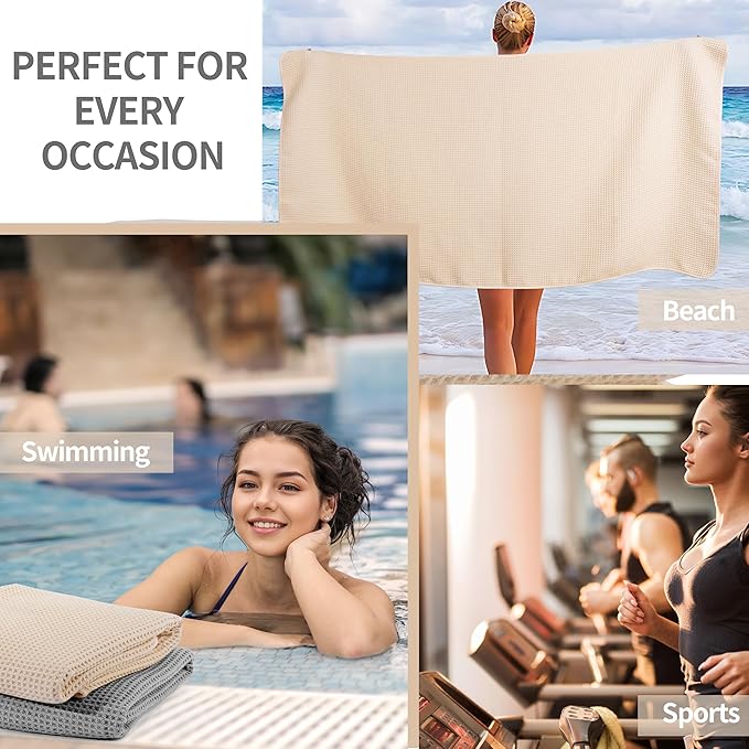 MICROFI New Microfiber Waffle Bath Towels, 2 Pieces, Soft, Absorbent, Fast Drying, Lint Free 430 GSM (Gray+Champagne)