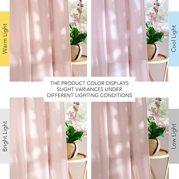 NICETOWN Linen Light Pink Sheer Curtains for Girls Room, Rod Pocket & Back Tab Thick Flax Linen Weave Privacy Assured with Light Filtering Window Drapes for Bedroom, W55 x L96, 2 Panels